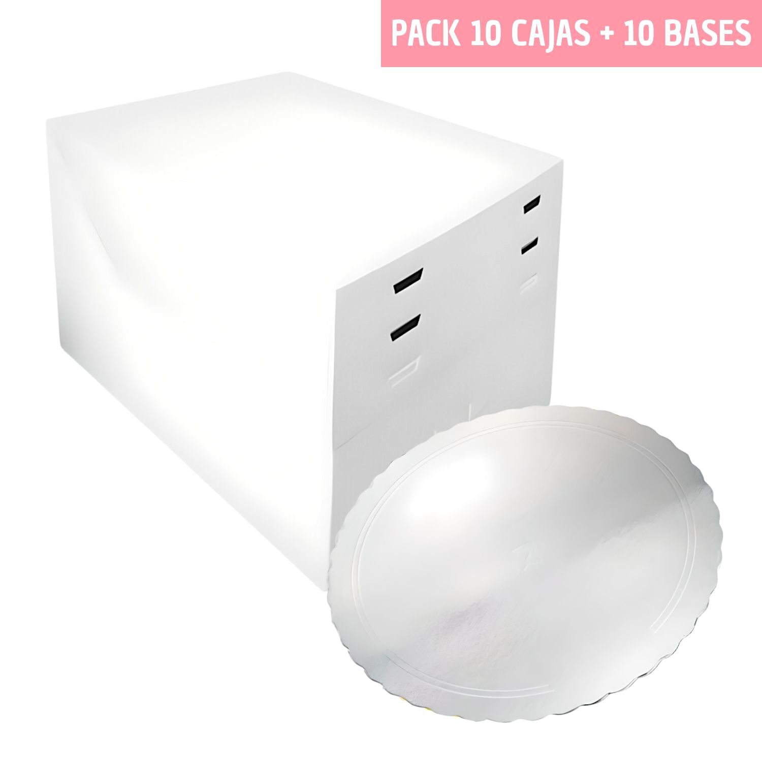 SET 10 CAJAS PARA TARTA ALTURAS AJUSTABLES + BASES REDONDAS PLATA - 24 CM Ø 1 SET 10 CAJAS PARA TARTA ALTURAS AJUSTABLES + BASES REDONDAS PLATA - 24 CM Ø