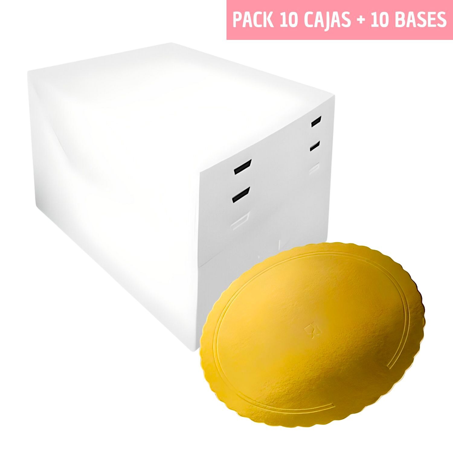 SET 10 CAJAS PARA TARTA ALTURAS AJUSTABLES + BASES REDONDAS DORADA - 28 CM Ø 1 SET 10 CAJAS PARA TARTA ALTURAS AJUSTABLES + BASES REDONDAS DORADA - 28 CM Ø