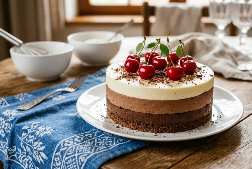 tarta de 3 chocolates casera con capas de chocolate negro con leche y blanco